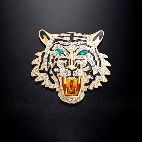 Image of Premium Rhinestone Tiger Brooch Pin Gold Silver Tiger Head Brooch Lapel Pins Vintage Punk Style Animal Brooch Domineering Cool Tiger Brooch Clothes Hats Bags Suits Banquets Party Costumes Jewelry for Women and Men