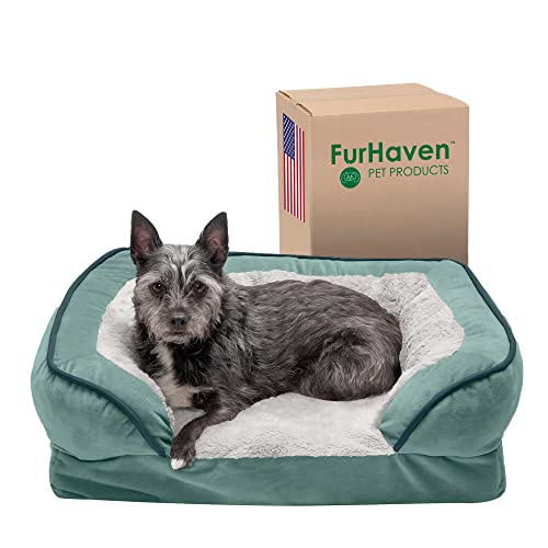 Image of Furhaven Orthopedic Dog Bed for Small Dogs w / Removable Bolsters & Washable Cover, For Dogs Up to 20 lbs - Plush & Velvet Waves Perfect Comfort Sofa - Celadon Green, Small