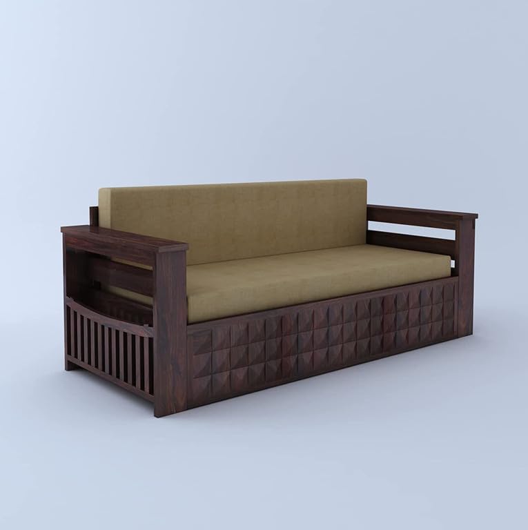 Image of Solid Sheesham Wood Sofa Cum Bed 2 Seater | Wooden Foldable Double Bed for Living Room with Headboard & Storage | Bed Cum Sofa with Mattress for Home | Diamond Design (Walnut Finish)