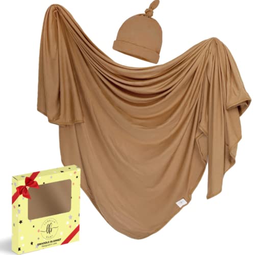 Image of LUBELLA SUPPLY COMPANY Large Stretchy Swaddle Blankets 47" - Newborn Bamboo Swaddle and Hat Set - Jersey Receiving Baby Blanket for Boys & Girls - Soft Stretch Infant Wrap 0-3 Months (Desert Color)