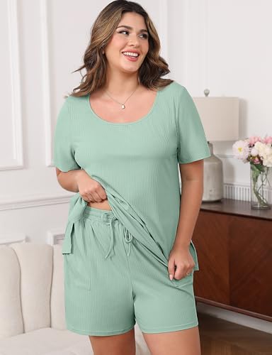 Image of Womens Plus Size Pajama Sets 2 Piece Summer Outfits Short Sleeve Tops Shorts with Pockets for Lounge Sleepwear
