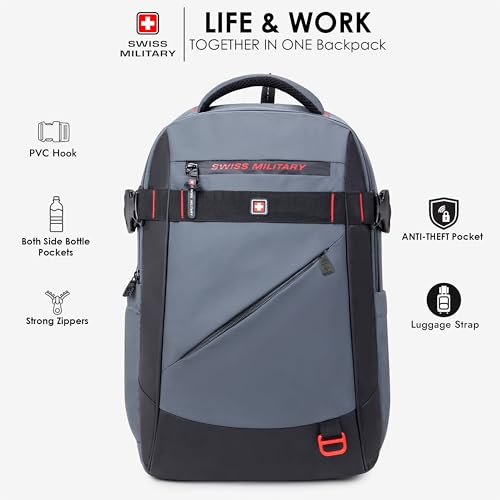 Image of SWISS MILITARY 30L Unisex Laptop Travel Backpack for 15.6-Inch Laptops - with Luggage Strap, Detachable Key Ring, Anti-Theft Pocket, Expandable Bottle Pocket for Office and College Use