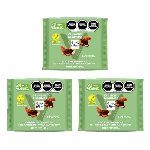 Encuentra la mejor selección de Almendras amarga para comprar online. 24 Ritter SPORT Chocolate Vegano Semi amargo con Almendras, Avellanas y Quinoa Pack 3 piezas, Barra de 100 grs c/u