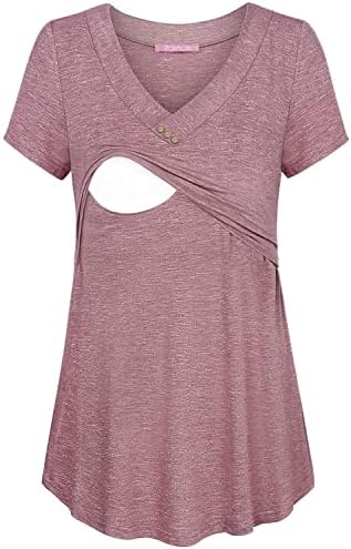 Joymom Nursing Tops Plus Size,Womens Loose Fit V Neck Short Sleeve Breastfeeding Shirts Maternity Flattering Feeding Tunics for Skinny Pants Casual Wear Rose Red 2XL