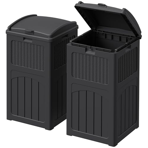 Devoko 33 Gallon Outdoor Trash Can with Dual Lid, Heavy Duty Waterproof Resin Garbage Bins Outside, Hideaway Waste Bins for Patio, Outside Pool, Backyard and Deck (2, Black)