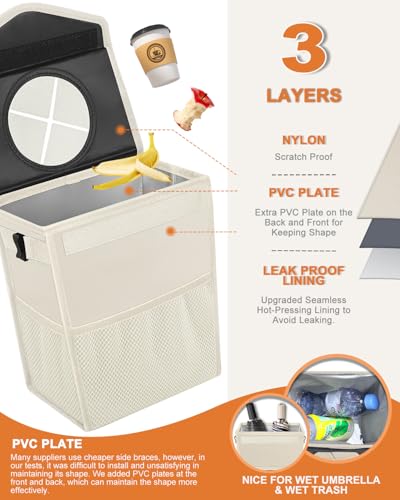Image of Pritent Car Trash Can with Lid, Cute Leakproof Car Trash Garbage Bag Hanging Vehicle Trash Bin Small Portable Automotive Garbage Cans Organizer for Back /Front Seat(Trapezoid,Ivory