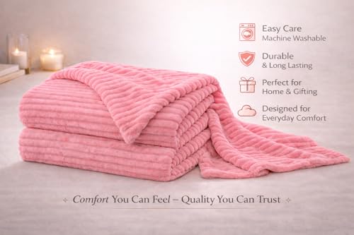 Image of WONJU Premium Ultra Soft Coral Fleece Blanket for Bed & Sofa | Warm Plush Ribbed Throw | Lightweight Cozy Winter Blanket | Machine Washable | Multiple Colors (Pink)