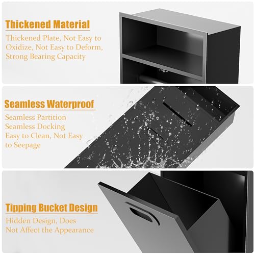 Image of SUPERFLO 6.2 Gallon Bathroom Trash Can Tilt Out Trash Bin Cabinet, Hidden Trash Can Cabinet Recessed Wall Mounted Stainless Steel with Toilet Paper Holder for Bathroom /Bedroom /Office Renovation,Black