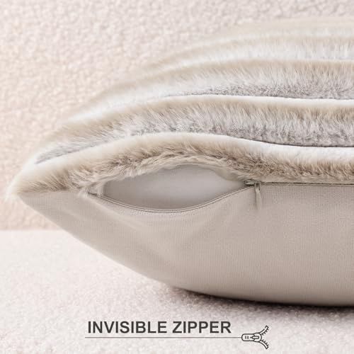 Image of Pallene Faux Fur Plush Throw Pillow Covers 16x16 Set of 2, Luxury Soft Fluffy Striped Decorative Pillow Covers for Sofa, Couch, Living Room, Ombre Beige