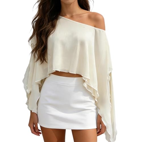 Foidiccx Women Y2K Sheer Chiffon Poncho Boat Neck Asymmetrical Hem Shawl Wraps Bridal Wedding Cape Party Cover Up Capelet (Double Lined White, L)