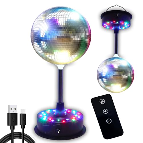Remote Control 6 Inch Rotating Mirrors Disco Ball Light with 5RPM-9RPM Adjustable Rotary Motor 24 RGB LED Mood Lights Great for Home Party Dance Holiday Christmas Decoration（USB/Battery Powered）