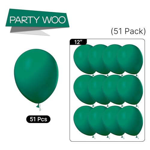 Image of PartyWoo Dark Green Balloons 51 pcs 12 Inch Hunter Emerald Forest Green Latex Helium Balloons for Graduation Christmas Mardi Gras Jungle Safari Birthday Party Decorations Green-F14