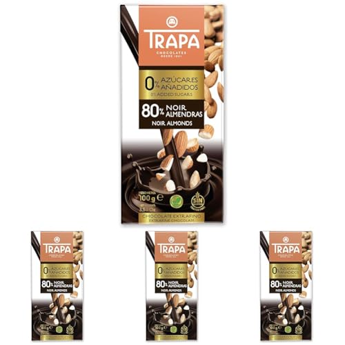 TRAPA 0% AZÚCARES AÑADIDOS |Chocolate Negro 80% con Almendras | Tableta 100 g | Sin Gluten (Paquete de 4)