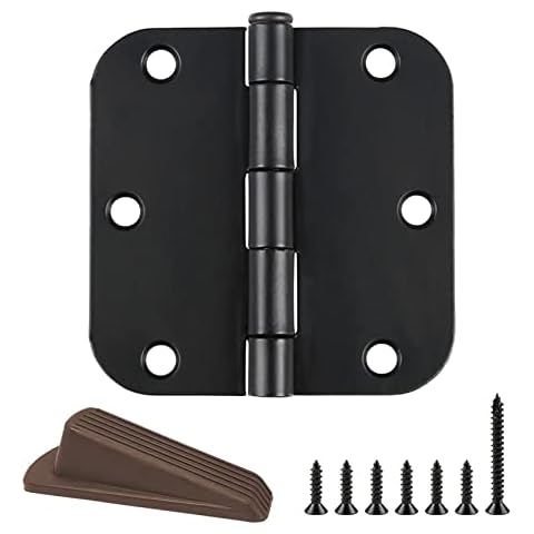 12 Pack Matte Black Door Hinges 3.5 x 3.5 Inch Interior 3 1/2 Inch Door Hinges for Doors Rounded 5/8" Radius Corners Flat Iron Hinge 3 ½"x 3 ½" with Rubber Door Stoper Cover
