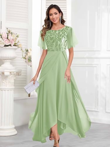 Flutter Sleeve Mother of The Bride Dress for Women Tiered Ruflfes Formal Gowns Chiffon Wedding Guest Dresses4