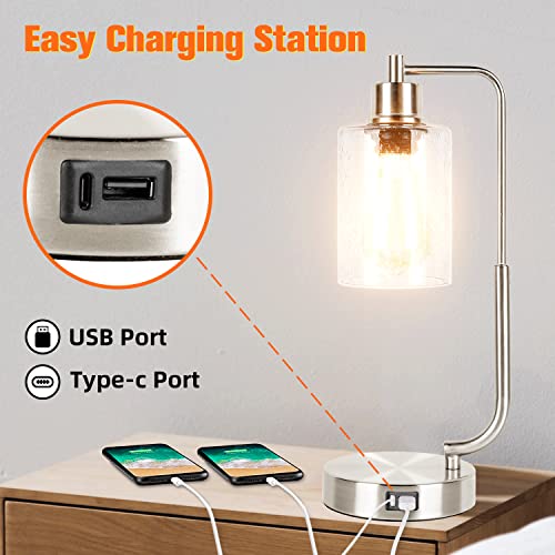 Industrial Table Lamps Set Of 2, Bedside Lamps With Usb & Type C Charging Ports, Touch Control 3-Way Dimmable Nightstand Reading Lamps For Bedroom Living Room Office Led Bulb Included(Nickel) #TOP1