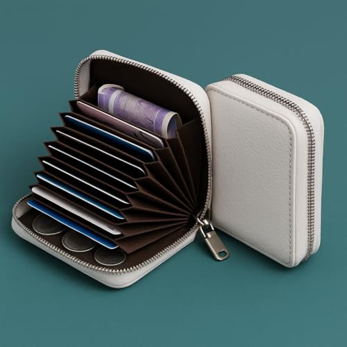 Image of VEMILIO Vegan Leather Zipper Wallet for Men & Women | 9 Card Slots | 2 Cash Compartments | Stylish Slim Credit Card Holder Purse | Travel Friendly Compact Wallet Gift for Boys Girls (White)