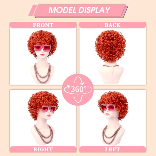 Image of Women Roper Curly Orange Red Cosplay Wig with Necklace Earrings and Sunglasses for Women Hallween Costume Wig