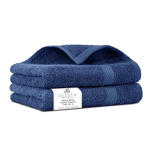 Image of 100% Cotton Hand Towel Set of 2, (16 x 28 inches) Sustainable, Soft, Highly Absorbent, Quick Drying, Combed Cotton Hand Towels Pack of 2 Ideal for Hotels, Spa, Bathroom, Dorm, Navy Blue