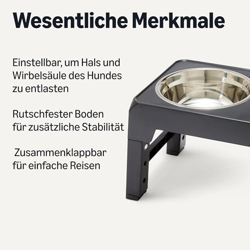 Amazon Basics Erhöhter Hundenapfständer, höhenverstellbarer, erhöhter Napf, Edelstahlnäpfe, rutschfest, Futterschale für Haustiere, 44 x 24 x 30,5 cm, Schwarz