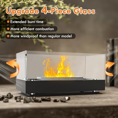 Euakee Tischkamin, Tischfeuer für Indoor & Outdoor, Bio Ethanol Kamin mit 4-Fach-Sicherheitsglas, 2h Brenndauer, Ethanol Tischkamin für Wohnzimmer, Balkon Deko, Gartendeko