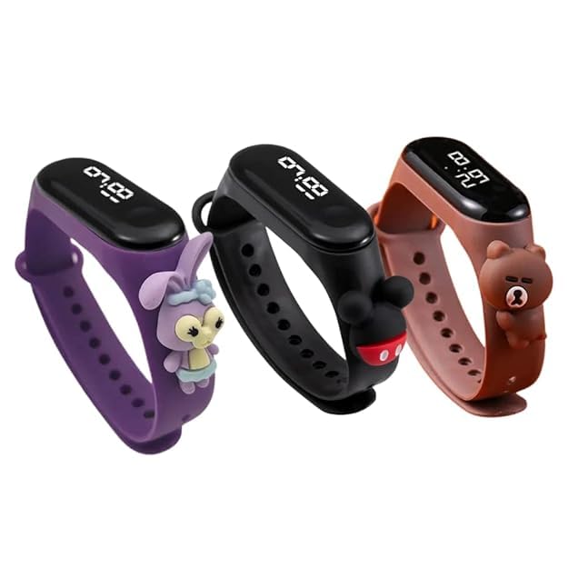 ZOVUTA Led Watch Return Gifts for Kids-3 Pcs Digital Waterproof Wrist Watches for Kids | Best Birthday Return Gifts for Kids | Age - 6 to 14 Years (Purple, Black, Brown)