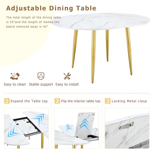 Image of Round Dining Table Set for 6, 42-54 inch Expandable Dining Table with 6 PU Upholstered Chairs, Engineered Wood Top, Space-Saving Round Kitchen & Dining Room Table Set(1 Table + 6 White Chairs)