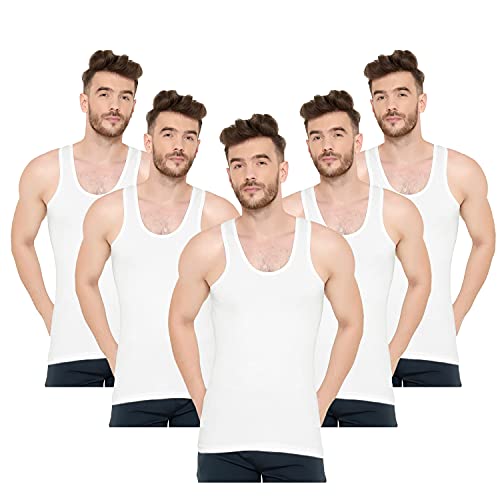 Image of Men's 100% Pure Cotton Sleeveless Round Neck Vest - Modern White Baniyan, Pack of 2 /3 /5 /10