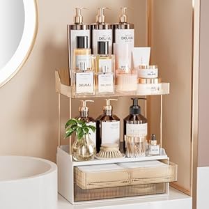 Delamu Bathroom Organizers and Storage, 2-Tier 2-Drawer Makeup Organizer Countertop, Easy to Install, Ideal for Bathroom Storage, Vanity, Large Skincare, Perfume, Present, and More, Amber