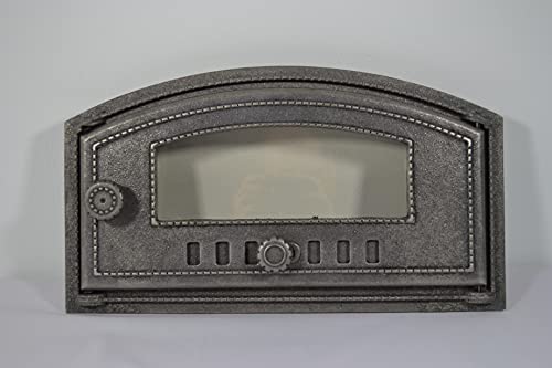 SEZAM Puerta de horno de hierro fundido con cristal resistente al calor, apertura a la derecha, puerta para pizza, horno de pan, puerta de piedra, 48,5 x 6,5 x 27,5 cm, semicircular, sin pintura Cover