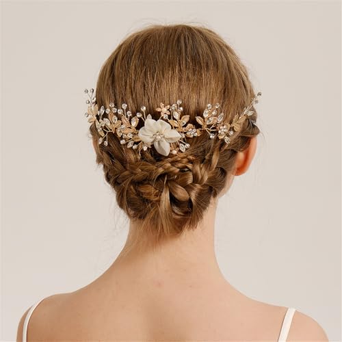Acessórios de cabelo de casamento com flores douradas de strass para noivas - Pentes de cabelo de ca