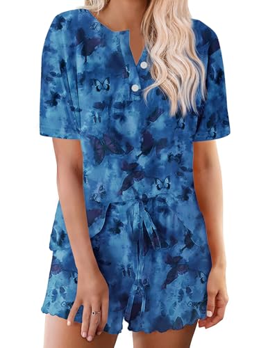 Image of Ekouaer Pajamas Set for Women Short Sleeve Lounge Set 2 Piece Loungewear PJs Soft Cute Lightweight Sleepwear