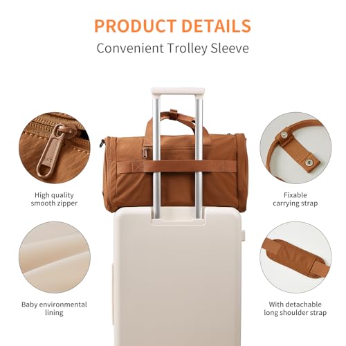 Aji Foldable Gym Bag for Women Men with Shoes Compartment, 3 in 1 Carry on Travel Duffel Bag with Trolley Sleeve, Lightweight&Water Resistant Duffel Bag for Travel, Sports, Fitness&Workout,Warm Brown4