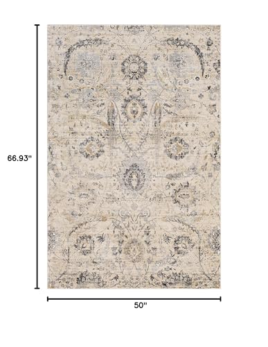 Image of Hauteloom Obsidian Rustic Farmhouse Living Room Bedroom Dining Room Area Rug - Turkish Style - Traditional Floral Look - Bluish Medium Grey, Beige, Light Brown, Cream, Black - 4'3 inch x 5'7 inch