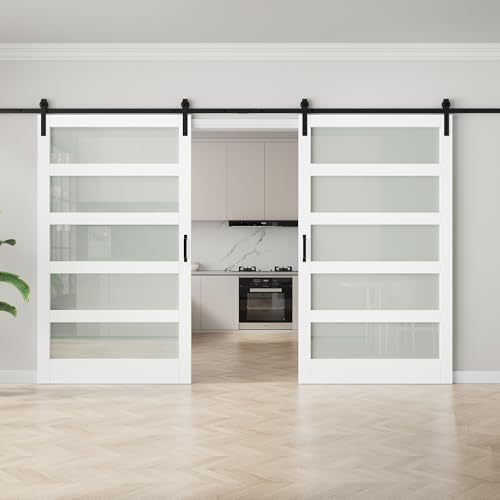 Image of 96 inchx84 inch Frosted Glass Barn Door with 16FT Sliding Hardware & Handle, White