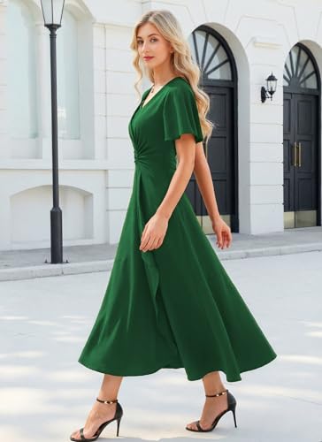 Image of QMZ Wedding Guest Dresses for Women V Neck Cocktail Dress Ruffle Sleeve A Line Evening Party Formal Dresses for Women