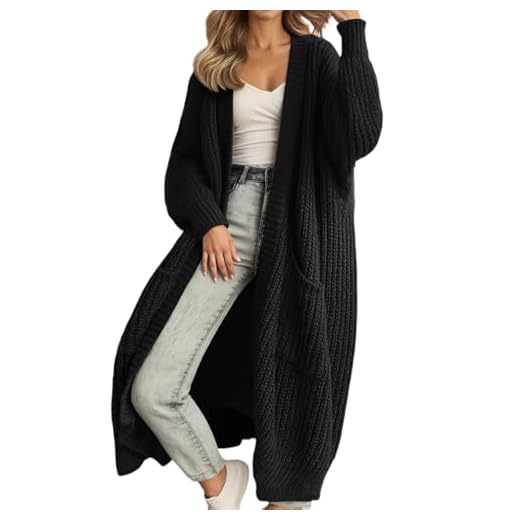 2026 - Cardigan long surdimensionné pour femme - Manteau en tricot ouvert sur le devant - Décontracté - Automne/hiver - Loungewear - Vêtement d'extérieur confortable et doux en laine polaire, Noir