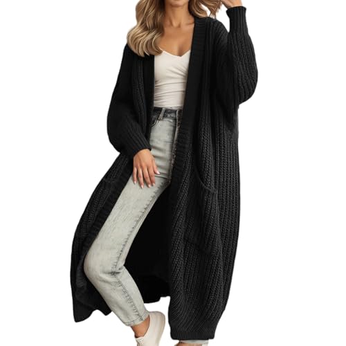 Generisch Strickjacke Damen, Strickjacke Damen Lang Grobstrickjacke Cardigan Oversize Winter Strickjacken Strickmantel Elegant Longstrickjacke mit Taschen Open Front Sweater Langarm Pullover, Schwarz