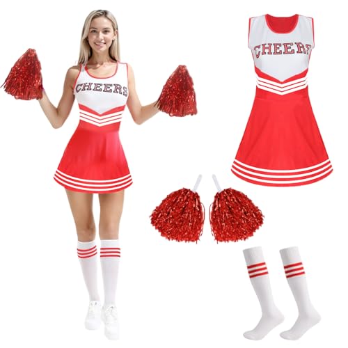 MUNSKT Cheerleader Fancy Dress Outfit Cheerleading Outfit with Pom Poms Cheerleader Costume for Women Girls Uniform High School Dress Cheerleader Outfit Adult Fancy Dress Costume (Red XL)