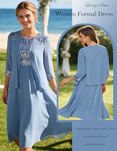 Image of GRACE KARIN Formal Wedding Guest Dress Sequin Mother of The Bride Dresses | Two Piece,3 /4 Sleeve,Tea Length,Crew Neck,Fit and Flare,Chiffon,Suitable for Spring /Summer /Fall /Winter /Cocktail /Party /Prom