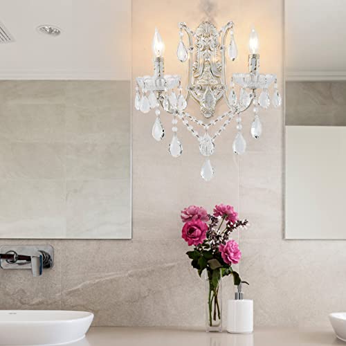 Image of YLONG-ZS French Country Crystal Wall Sconce, 2-Light Distressed White Gold Candle Style with Teardrop Crystals, Hardwired Indoor Decor for Bedroom Bathroom Vanity, E12 Base
