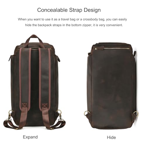 3 in 1 Genuine Leather Travel Bag Garment Duffel Bags, Versatile Convertible Backpack Carry on Gym Handbag with Shoe Compartment Shoulder Bag for Adult Men & Women, Brown4