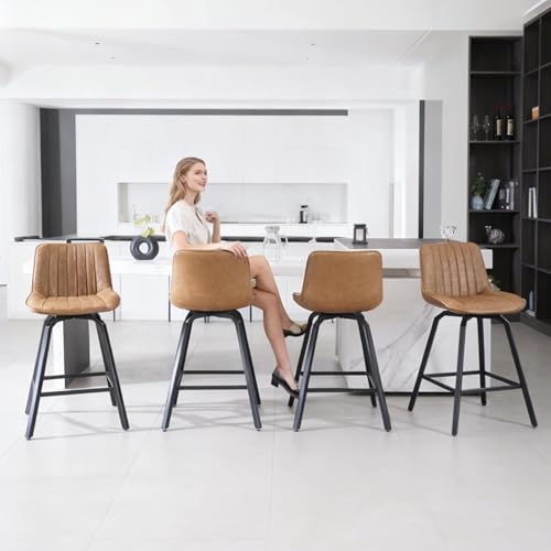 Image of 26 inch Counter Height Bar Stools Set of 4, 360Swivel Bar Stools Stripes PU Leather, Island Stools with Back and Metal Legs, Bar Chairs for Kitchen, Bar, Dining Room, Brown