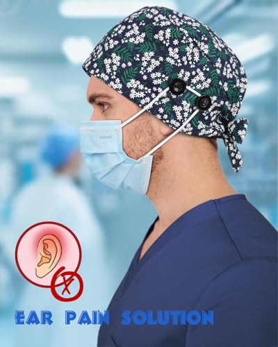 Image of 2 Pcs Satin Lined Scrub Cap Nurse Hats for Women Men 4 Buttons