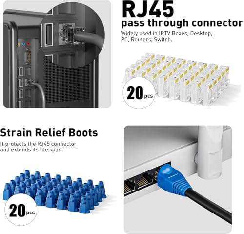 Image of SmartTech Cat5 Cat7 Network Crimping Tool Kit RJ45 RJ11 RJ12 for Cat5 Cat5e Cat6 Ethernet Crimper 20pcs connectors 20 pcs Boots with Wire Stripper Cutter 8p8c 6p6c Telephone And Data Cable Tester