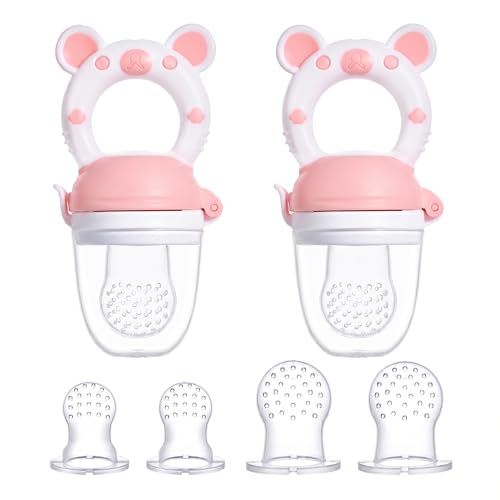 Image of JOCHEBED Baby Fruit Food Feeder Pacifier, Silicone Teething Relief Toy, 2-Pack with 6 BPA-Free Pouches, Light Pink, 3-24 Months