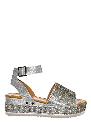 Aquapillar Rhinestone Glitter Flatform Sandal - Women Ankle Strap Crystal Platform #TOP3