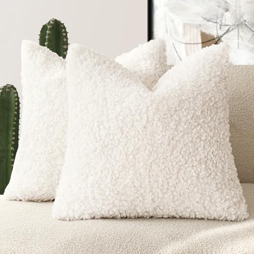 Image of Foindtower 2 Pieces 20x20 Inch White, Faux Fur Throw Pillow Cover Accent Sherpa Pillow Fuzzy Soft Pillowcases Sheepskin Decorative Fleece Cushion Case for Bed Couch Living Room
