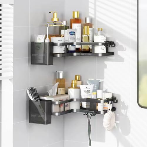 Image of DRY LINE Self Adhesive Corner Shelf for Bathroom Multipurpose wall Shelves for Kitchen /Home (Set of 2) with Magic Sticker No Drilling Rack Black Basic Organizer with Attachments