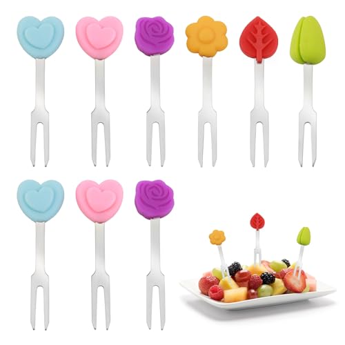 Obstgabeln aus Edelstahl，Mini Wiederverwendbare Zahnstocher Dekoration Delstahl Piekser Mit Silikon Deko, Food Picks Leicht zu Reinigende Farbige Zahnstocher (12)